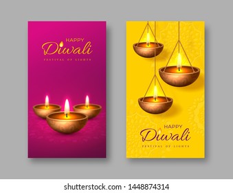 Diwali festival of lights holiday poster with diya - oil lamp. Purple and yellow rangoli background. Vector illustration.