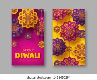 Diwali festival of lights holiday posters. Typographic design with hanging paper cut Indian Rangoli. Purple and yellow background. Vector illustration.