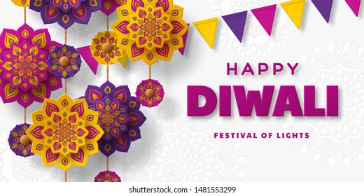 Diwali festival of lights holiday typographic design with hanging paper cut Indian Rangoli and bunting flags. White background. Vector illustration.