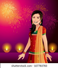 Diwali - festival of lights and an Indian woman in traditional outfit