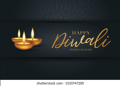 Diwali festival of lights poster design. Indian traditional holiday background Diya oil lamp and golden text typography on black backdrop with hindu ornament. Gorgeous celebration banner.