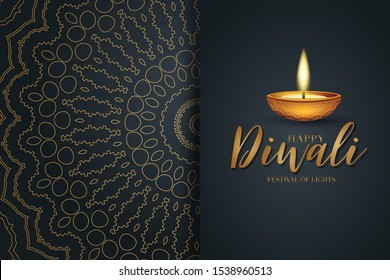 Diwali festival of lights poster design. Indian traditional holiday background Diya oil lamp and golden text typography on black backdrop with gold hindu ornament. Gorgeous celebration banner.