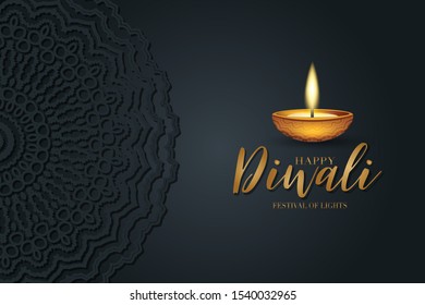 Diwali festival of lights poster design. Indian traditional holiday background Diya oil lamp and golden text typography on black backdrop with hindu ornament. Gorgeous celebration banner.