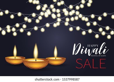 Diwali festival of lights sale poster design. Indian traditional holiday background with glowing garland and text typography on black backdrop. Diya oil lamp. Vector illustration.