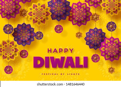 Diwali festival of lights typographic design with paper cut Indian Rangoli. Purple color on yellow background. Vector illustration.