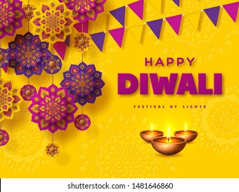 Diwali festival of lights typographic design with paper cut Indian Rangoli, bunting flags and diya - oil lamp. Purple color on yellow background. Vector illustration.