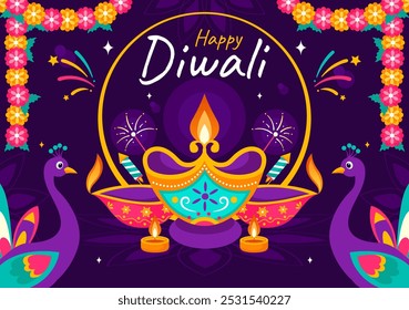 Diwali Festival of Lights Vector Illustration featuring Traditional Indian Rangoli Decoration, Festive Lamp and Fireworks in a Holiday Flat Background