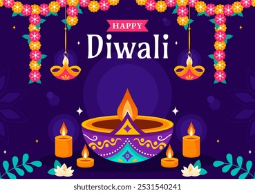 Festival Diwali de luzes ilustração vetor com tradicional indiana decoração rangoli, lâmpada festiva e fogos de artifício em um fundo plano de férias