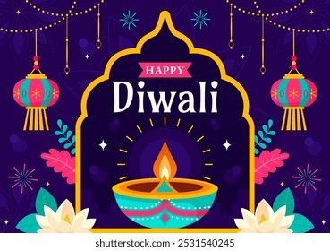 Festival Diwali de luzes ilustração vetor com tradicional indiana decoração rangoli, lâmpada festiva e fogos de artifício em um fundo plano de férias