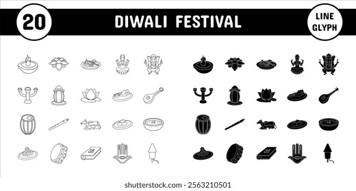 Diwali Festival Line Glyph Vector Illustration Icon Sticker Set Design Materials