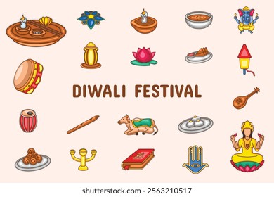 Diwali Festival Lineal Color Vector Illustration Icon Sticker Set Design Materials