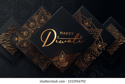 Diwali festival modern luxury design in paper cut style with golden pattern and oil lamp on black textured background. Holiday template for branding, greeting card, banner, cover, flyer or poster