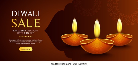 Diwali Festival Offer Big Sale Background Template with Creative Lamps, Floral Ornament, Abstrac brown Background