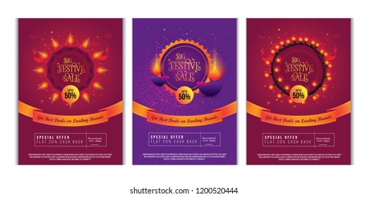 Diwali Festival Offer Poster Flyer Design Template Set with 50% Discount Tag