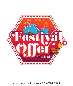 Diwali Festival Offer Sticker, Label Or Badge Design With 50% Discount Tag,  Lamps And Shopping Bag Vector Illustration