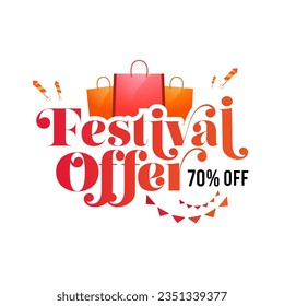 Diwali Festival Offer Sticker, Label or Badge Design with 70% Discount Tag, Lamps and Shopping Bag Vector Illustration