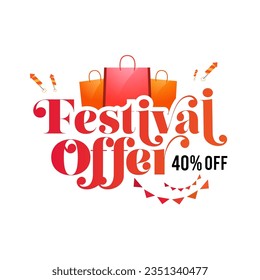 Diwali Festival Offer Sticker, Label or Badge Design with 40% Discount Tag, Lamps and Shopping Bag Vector Illustration