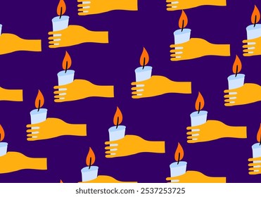 Diwali festival pattern featuring hands and lamps (diyas), suitable for backgrounds, fabric, or wallpaper.
