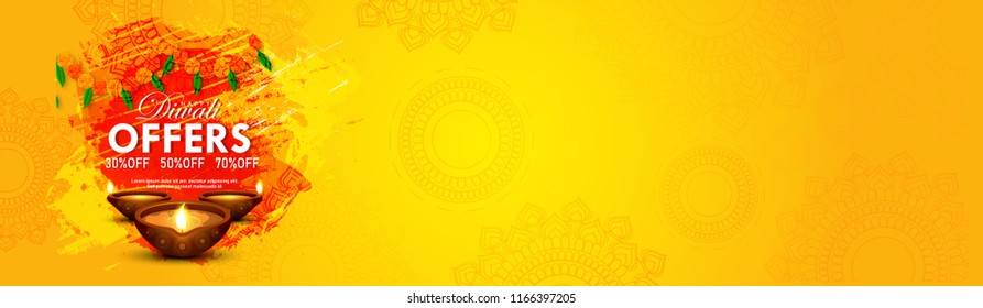 Diwali festival, poster banner with sale, discount offers, Diwali diya (oil lamp Beautiful vector for Festival of Lights, Happy Diwali celebration.