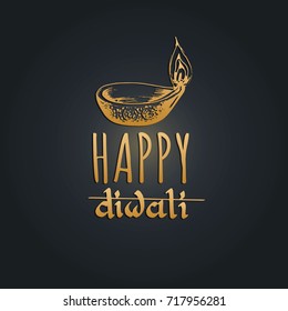 Diwali festival poster with hand lettering. Vector lamp illustration for Indian holiday greeting or invitation card.