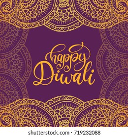 Diwali festival poster with hand lettering. Vector abstract pattern illustration for Indian holiday greeting or invitation card.