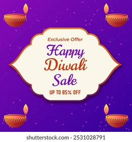 Diwali festival poster. Happy Diwali Sale banner, Diwali background design with lights, candles and fireworks. Sale up to 85% off.