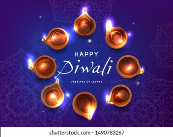 Diwali festival poster. Diwali holiday shiny background with diya lamps. Vector illustration