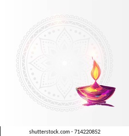 Diwali Festival Poster. DIwali Holiday Shiny Background With Diya Lamp And Rangoli. Vector Illustration