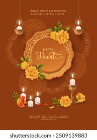 Diwali Festival Poster. Rangoli patterns, candles, marigold flowers and lantern