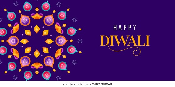 Diwali Festival Poster, Diwali Sale Banner, Diwali Hintergrund Design mit Leuchten, Pfau, Laternen, Kerzen und Blumen. Vektorillustration