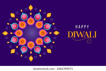 Afiche del festival de Diwali, Anuncio de venta de Diwali, diseño de fondo de Diwali con luces, pavo real, linternas, velas y flores. Ilustración vectorial