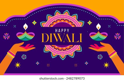 Afiche del festival de Diwali, Anuncio de venta de Diwali, diseño de fondo de Diwali con luces, pavo real, linternas, velas y flores. Ilustración vectorial