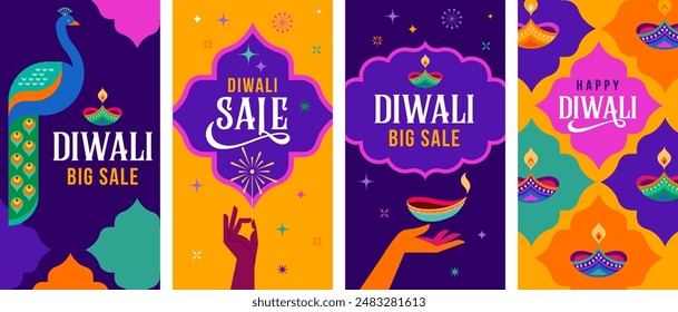 Diwali festival poster, Diwali Sale banner, Diwali background design with lights, peacock, lanterns, candles and flowers. Vector illustration