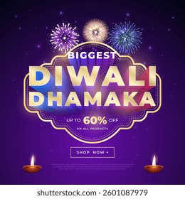 Diwali festival poster, Diwali Sale banner, Diwali background design with fireworks. Diwali dhamaka offer sale template banner design.