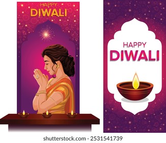 Diwali festival poster, stories, banner and Happy Diwali social media story temlpate set. 