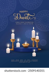 Diwali Festival Poster. Traditional background with candles in candlesticks and diya lamp