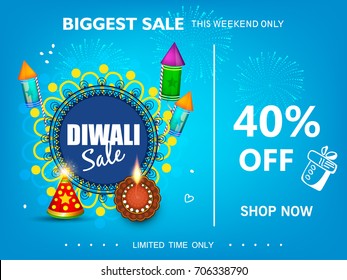 Diwali Festival Sale 40% off text, Sticker, fire cracker and line art based Traditional floral burning lamp , Bumper Dhamaka Offer, Biggest Sale - Vector Illustration Usable for Poster, Banner ,Flyer