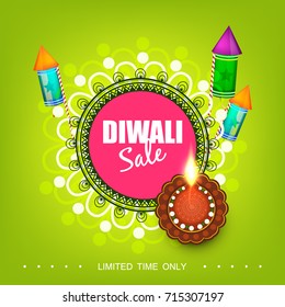 Diwali Festival Sale 40% Off Text, Sticker, Fire Cracker And Line Art Based Traditional Floral Burning Lamp , Bumper Dhamaka Offer, Biggest Sale - Vector Illustration Usable For Poster, Banner ,Flyer