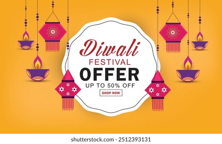 Diwali Festival Sale Banner Design mit hängenden Diya und Laternen