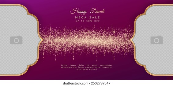 Diwali Festival sale banner with empty space for photo image, glitter lights and golden frame