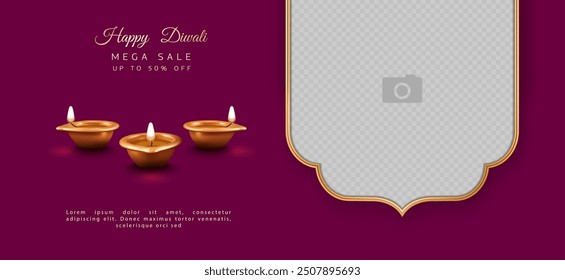 Diwali Festival sale banner with empty space for photo image, copper diya lamp and golden frame