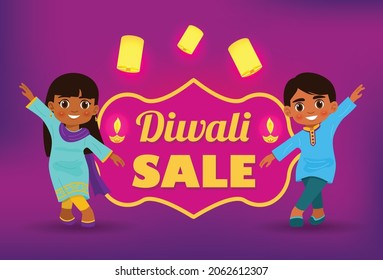 Diwali Festival Sale Banner, Indian Kids In Traditional Costume Dancing.