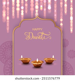 Diwali Festival sale banner with with lights, copper diya lamp and golden frame