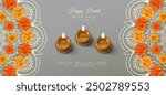 Diwali Festival sale banner. Traditional Indian diya lamp and Rangoli made of marigold flowers