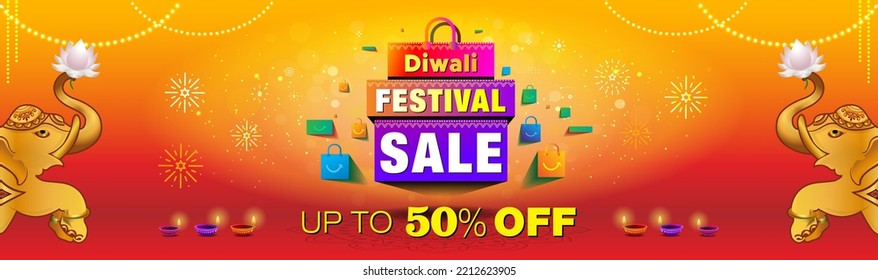 Diwali festival sale or dhanteras banner template design. Shopping bag with text, diwali decoration, fireworks and candle background.
