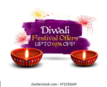 Cartel de venta del Festival Diwali, Banner de venta Bumper Dhamaka, Volante de la Oferta de Compensación, Descuento hasta 65% extra, Ilustración vectorial con Luz Iluminada de Aceite para el Festival de las Luces.