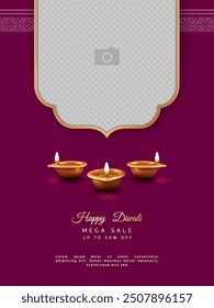 Diwali Festival sale Poster Template with empty space for photo image, copper diya lamp and golden frame