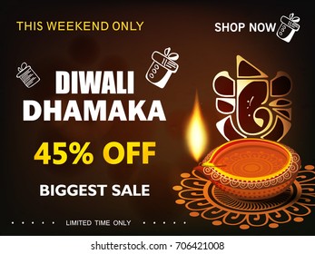Diwali Festival Sale, Sticker, 45% off text , Bumper Dhamaka Offer, Special Clearance Sale Vector Usable for Poster, Banner or Flyer with Lord Ganesh and  Traditional Floral Diya / burning lamp.
