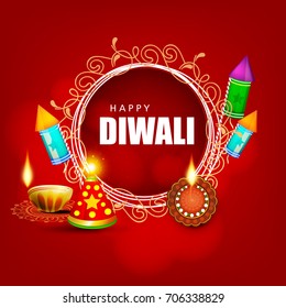 Diwali Festival Sale, Sticker, Banner, Floral frame with Happy Diwali text,  Vector Usable for Poster, Banner or Flyer , decorated with Traditional Burning oil lamp / floral diya and firecracker