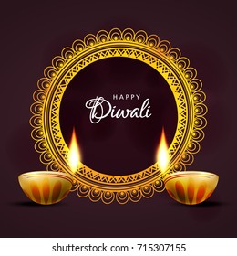 Diwali Festival Sale, Sticker, Banner, Floral frame with Happy Diwali text,  Vector Usable for Poster, Banner or Flyer , decorated with Traditional Burning oil lamp / floral diya and Floral Frame